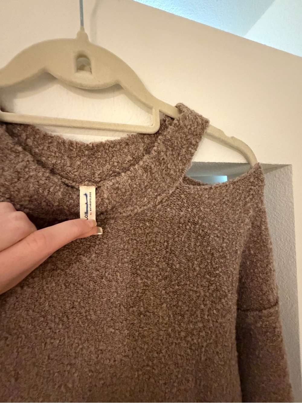 Anthropologie Taupe Off-Shoulder Cutout Knit Sweater